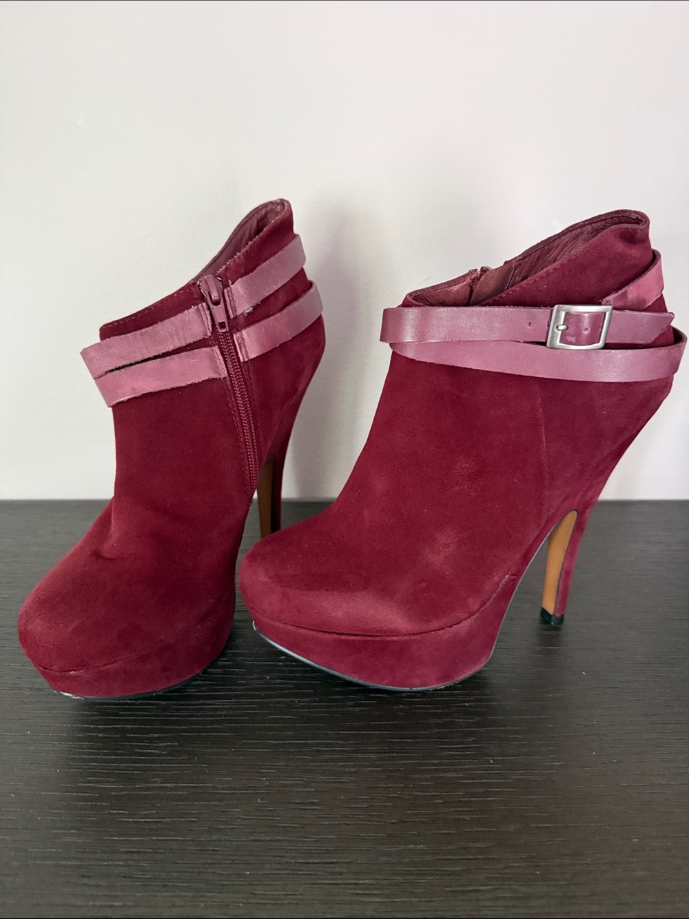 Aldo Wine Red Suede High Heel Ankle Boots with Strap